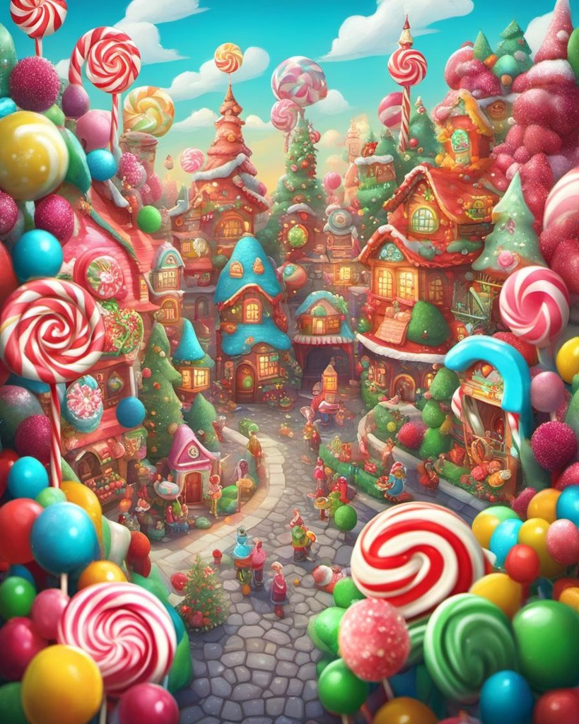 [Style of vintage illustration] Christmas candy, elves holding lollipops, Christmas village, Candy art style! Whimsical playful colorful! candy!!! 🍬🍭 Candyland art!! “Hyperrealistic hyperdetailed highly detailed, digital illustration” postmodernism, artstation, poster art, dynamic lighting, cel-shaded, ray tracing reflections abstract vector fractal, wave function, Zentangle, 3d shading