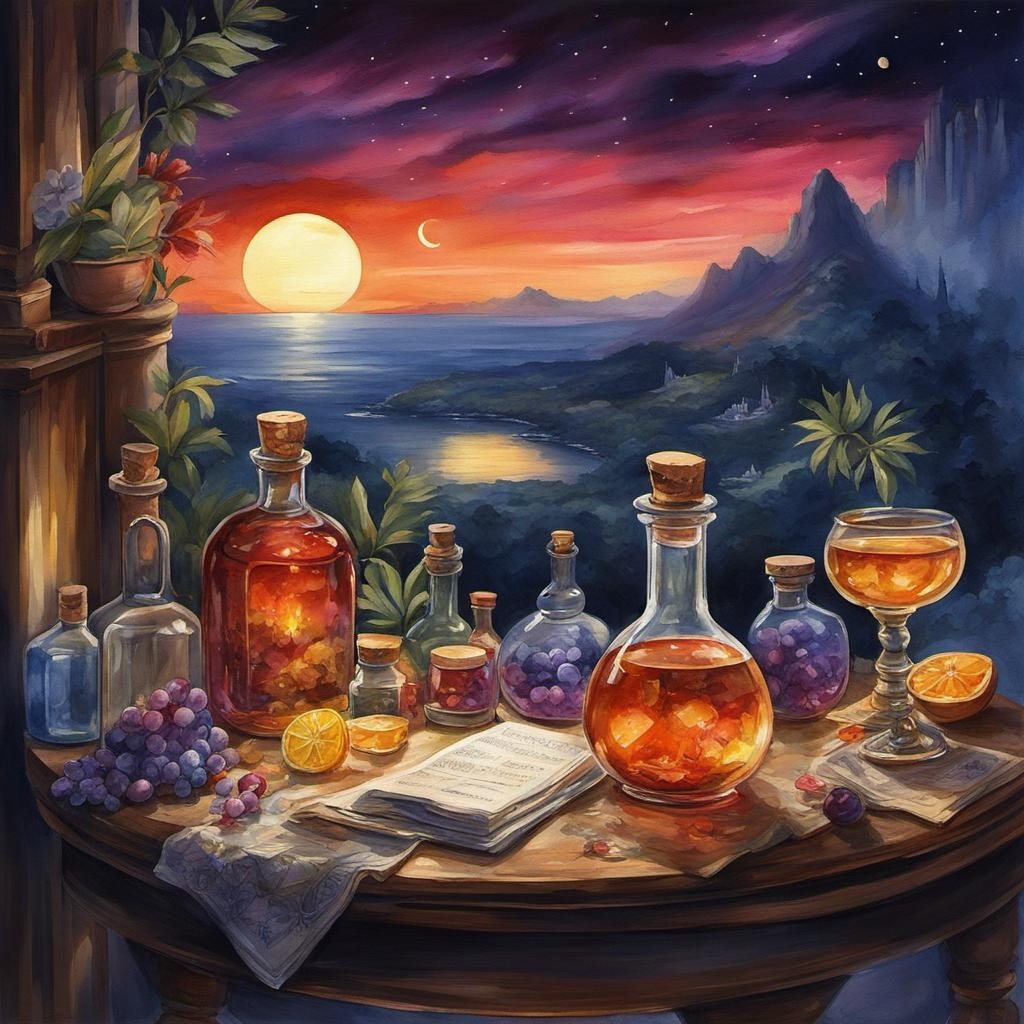 [Watercolor painting style, masterpiece] An unidentified artist has created a stunning and detailed painting of a health potion, which is depicted as a bottle of alcohol on a table. The artwork is inspired by the style of Olga Boznańska and features a breathtaking fantasy scene with a sunset illustration. The painting is a hyper-realistic and beautiful illustration of a European palette, showcasing a detailed paradise in a wonderland at night