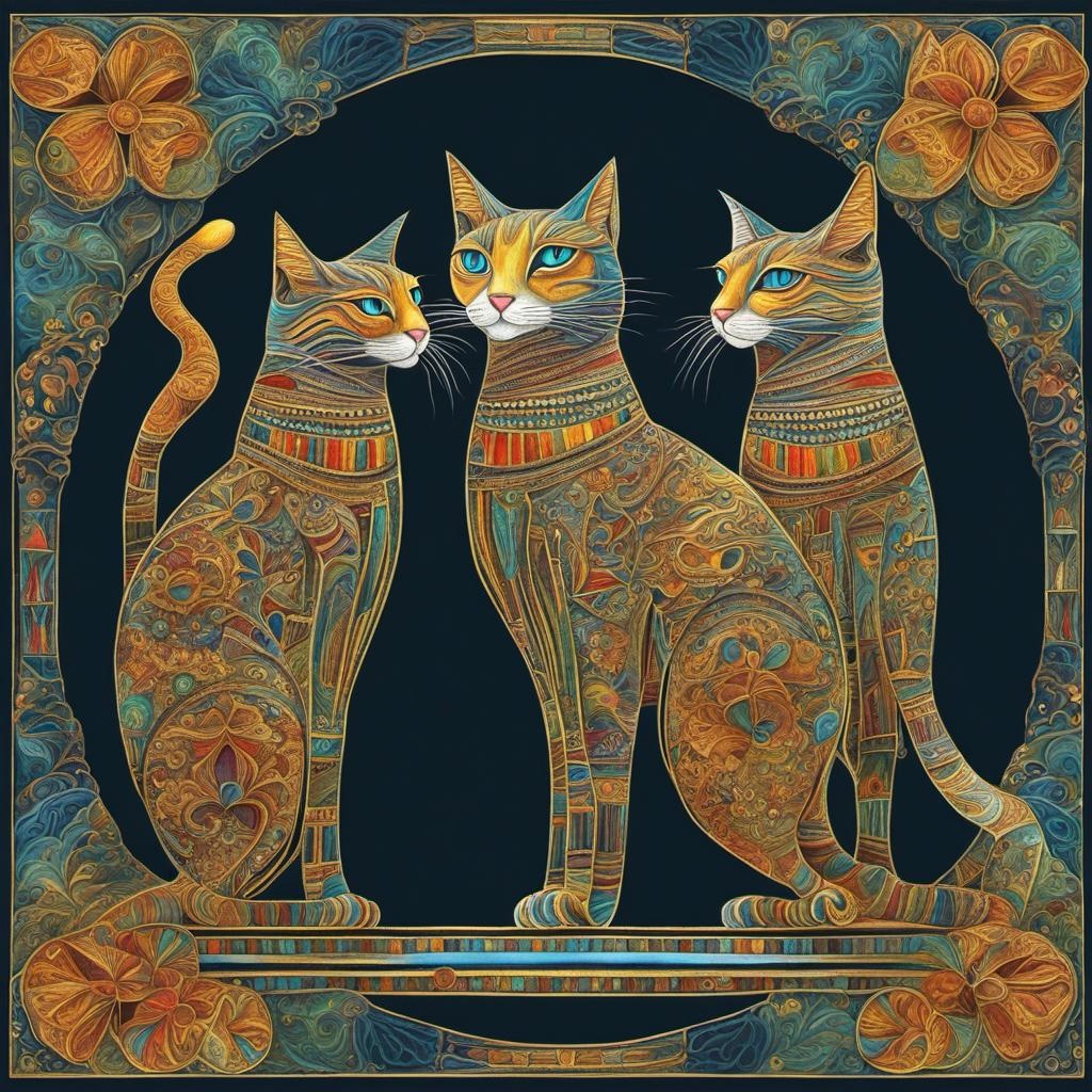 [Painting, Art Nouveau] Egyptian cats walking with little flowers acrylic oil pastel abstract vector fractal, Zentangle, 3d shading