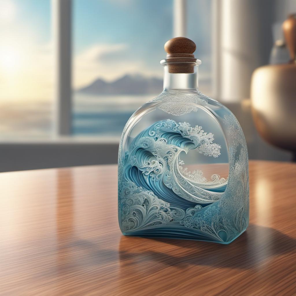 Close-up photograph of a glass bottle realistically containing a 3D micro scene with intricate details, set against a softly blurred room, abstract vector fractal, wave function, Zentangle, 3d shading