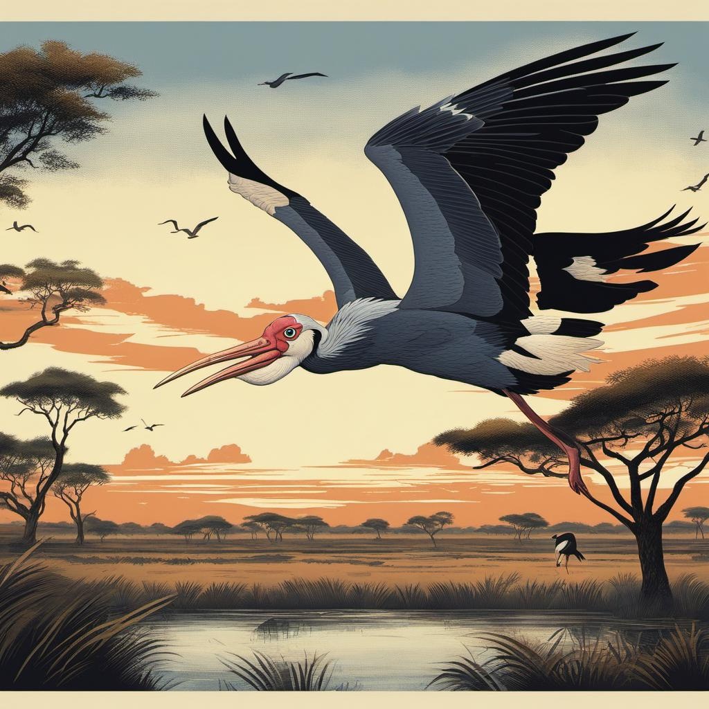 [Watercolor painting style, masterpiece] Marabou stork, flying over the savannah  with a lion chasing it; [Style of vintage illustration] Marabou stork, flying over the savannah