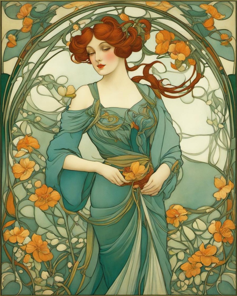 Beautiful women, Art Nouveau Floral Elegance; [Painting, Art Nouveau] Beautiful women, Art Nouveau Floral Elegance