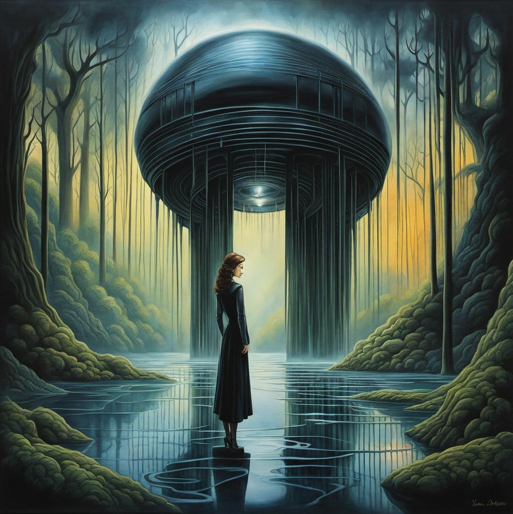 [Watercolor painting style, masterpiece] A painting of a woman standing in a forest, futuristic cloning facility, dripping black iridescent liquid, Bagshaw art style, inspired by Lady Penrose and Kay Sage, painting of flood waters, by Vladimir Kush, mistress, tones of black in background, Michael Page, fractal automaton, by Didier Mouron, enchanted dreams