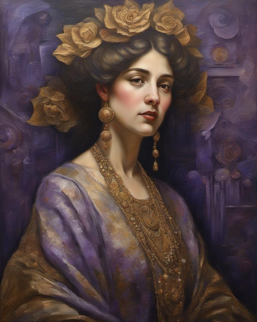 [Oil painting style, impasto, masterpiece] portrait woman in the style of Agostino Arrivabene, Mucha, Klimt, Liniers, worn textiles, blueprints, copper and bronze, purple and gold