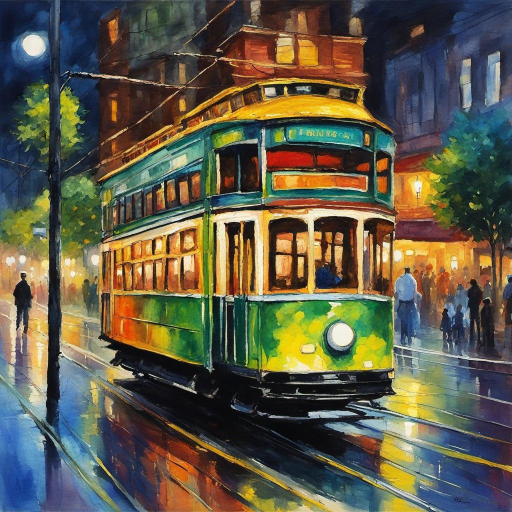 [Watercolor painting style, masterpiece] holographic tram at night oil acrylic ink vivid colors oil painting by James Gurney neo-impressionism expressionist style oil painting, smooth post-impressionist impasto acrylic painting, thick layers of colorful textured paint