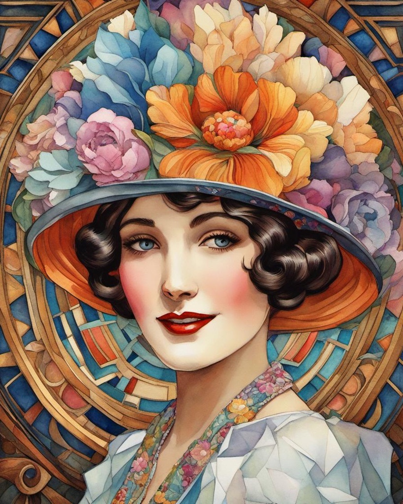 1920s happy Flapperl with elaborate hat and flowers watercolor beautiful intricately detailed head and shoulders portrait, open expressive eyes 8K resolution concept art white 3D paper patchwork of a fantasy, Alphonse Mucha highly detailed elegant award winning 3D crisp quality colourful beautiful acrylic art deco ultra realistic art trending on Artstation triadic colors Unreal Engine