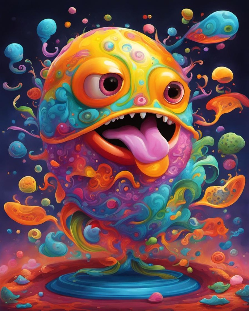 [Style of caricature illustration] In a captivating art piece, a whimsical virtual regal amoeba blob creature takes center stage. by alex1shved This vibrant cartoon image showcases a charming and charismatic character, reminiscent of a blob-like organism. The virtual creation is brought to life with vivid colors and impeccable detailing, capturing every intricate texture and contour. The image, perhaps a digital painting or an animated illustration, radiates with playful energy and showcases the high-quality craftsmanship involved in its creation. With its endearing yet regal presence, this enchanting creature invites viewers into a world of imagination and delight