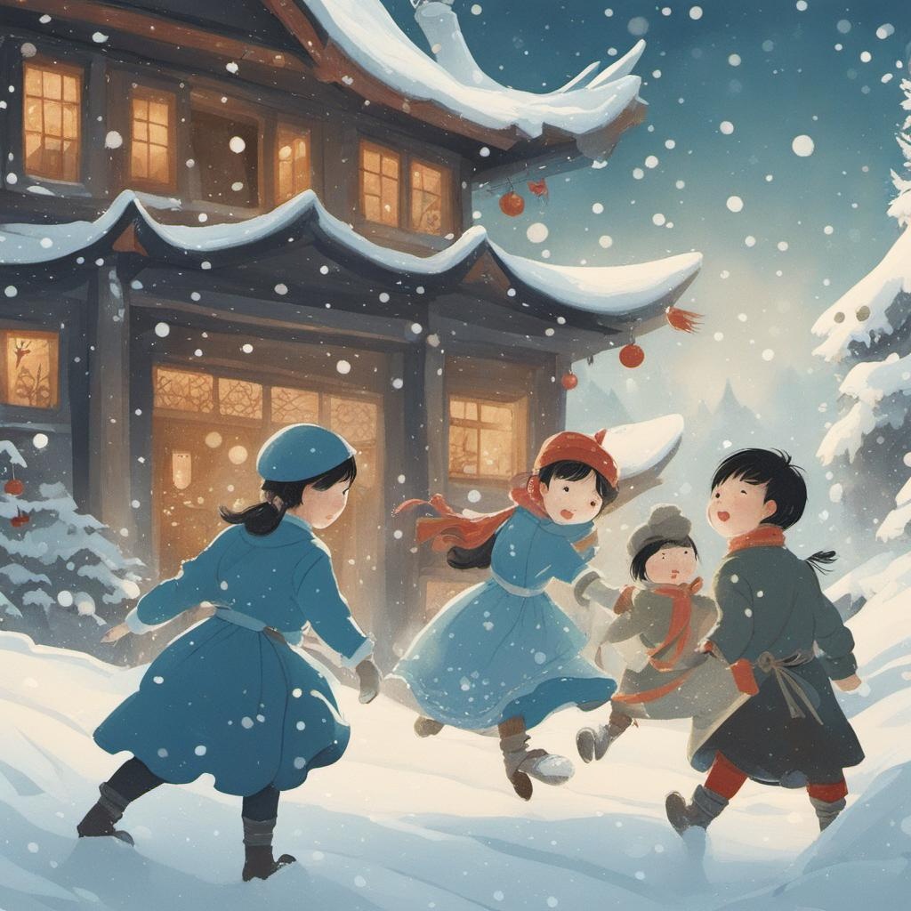 [Style of vintage illustration] close-up view, fairy tale characters playing in the snow, Pernille Ørum,  Zheng Wei Gu style