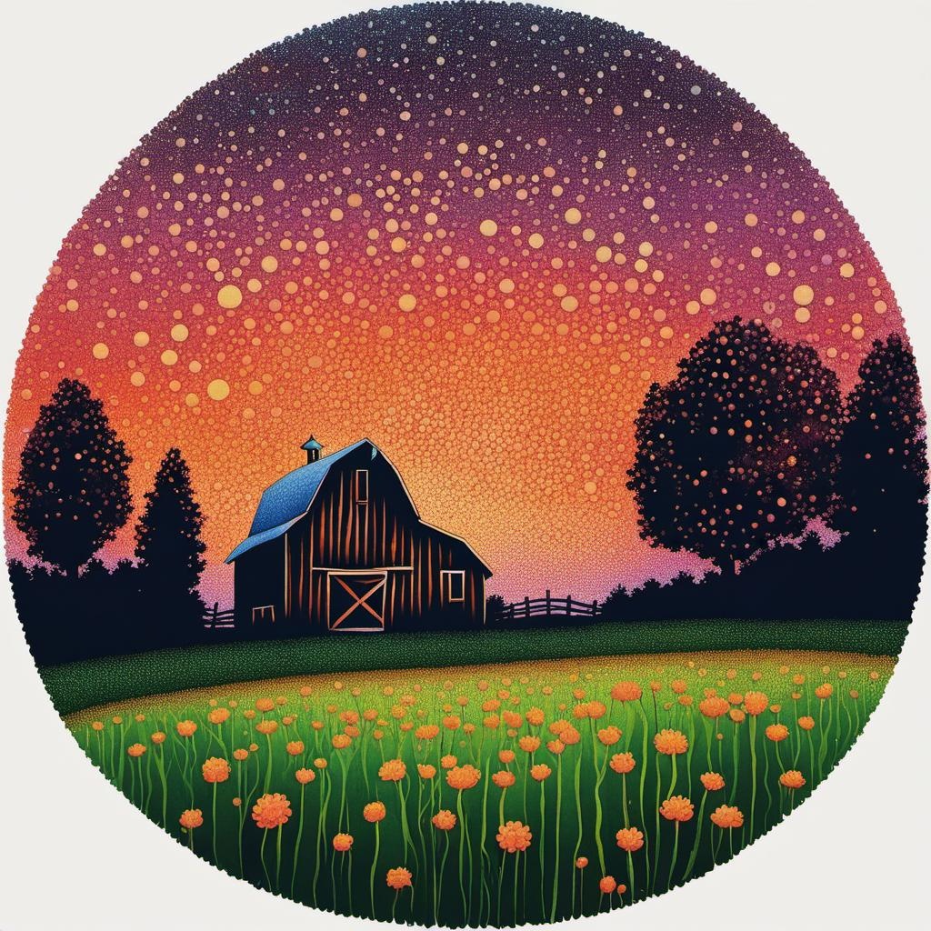 [vibrant liquid plasma] lonely barn in meadow, gradient painting, pointillist stippling, dot pointilism, serene, rounded, stencil-like imagery, magical, abstract, surreal, mocha and peach colors