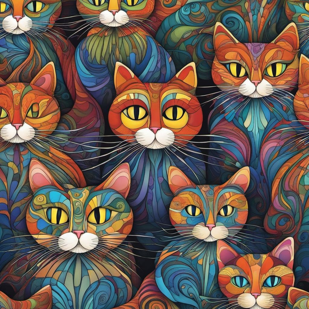 [Watercolor painting style, masterpiece] several whimsical and colorful cats with long legs, wearing socks abstract vector fractal, wave function, Zentangle, 3d shading; [Style of vintage illustration] several whimsical and colorful cats with long legs, wearing socks, abstract vector fractal, wave function, Zentangle, 3d shading; [vibrant liquid plasma] several whimsical and colorful cats with long legs, wearing socks, abstract vector fractal, wave function, Zentangle, 3d shading; [Painting, Art Nouveau] several whimsical and colorful cats with long legs, wearing socks, abstract vector fractal, wave function, Zentangle, 3d shading