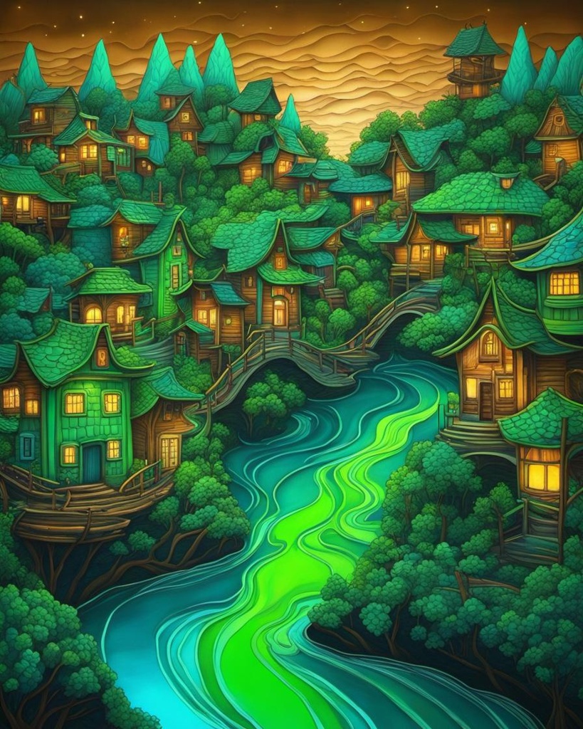 [Painting, Art Nouveau] neon green glowing, light blue flowing liquid rivers, brown houses in the Neverland, Zentangle, 3d shading