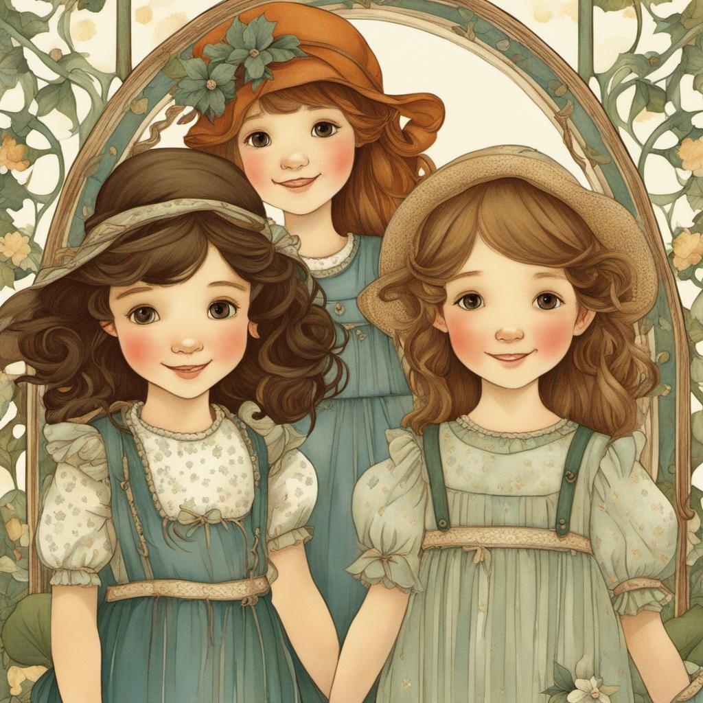 [Watercolor painting style, masterpiece] full frame Girls in the style of Gorjuss girls, smiling, playing, holly hobbie style country dresses, vintage illustration; [Style of vintage illustration] full frame Girls in the style of Gorjuss girls, smiling, playing, holly hobbie style country dresses, vintage illustration; [Pixar style, Disney] full frame Girls in the style of Gorjuss girls, smiling, playing, holly hobbie style country dresses, vintage illustration; [vibrant liquid plasma] full frame Girls in the style of Gorjuss girls, smiling, playing, holly hobbie style country dresses, vintage illustration; [Style of paper filigree painting] full frame Girls in the style of Gorjuss girls, smiling, playing, holly hobbie style country dresses, vintage illustration; [Painting, Art Nouveau] full frame Girls in the style of Gorjuss girls, smiling, playing, holly hobbie style country dresses, vintage illustration