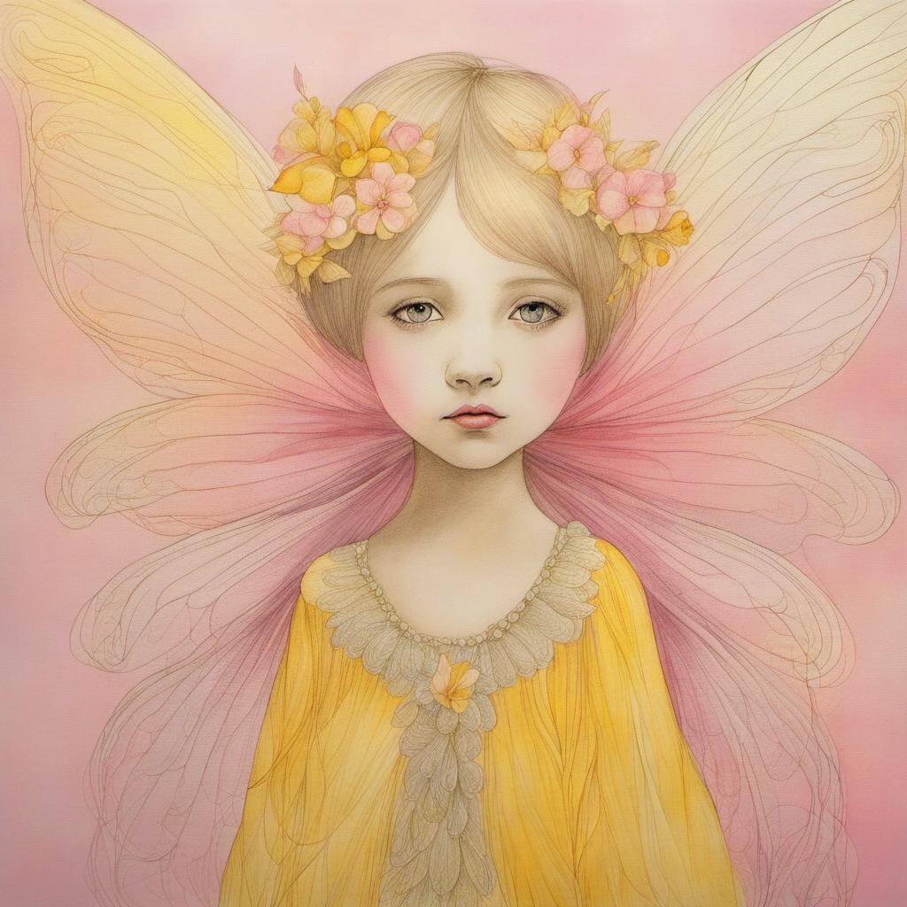 [Style of vintage illustration] very young and lovely fairy, mixed media, soft colors, pink, yellow, taels, by johanna hurmerinta, Chris Ofili