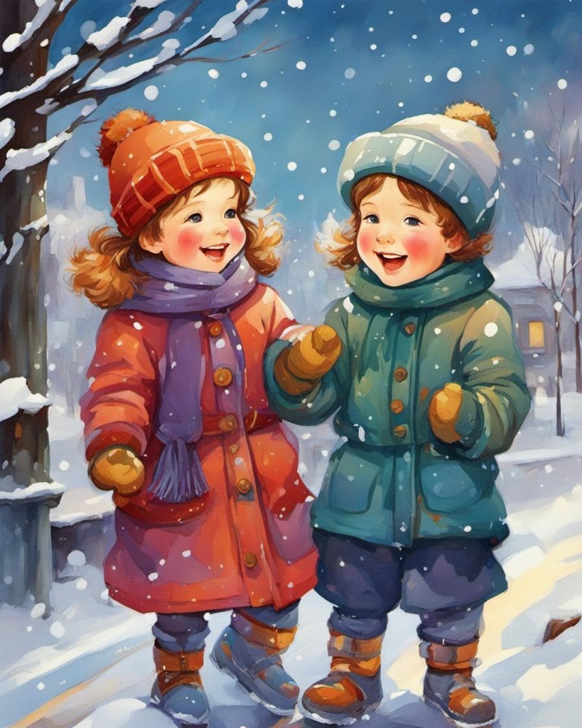 [Painting, Art Nouveau] closeup of happy children in winter clothes, winter scene background, colorful,