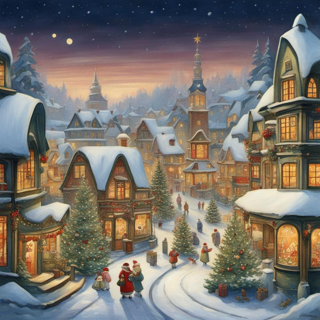 [Painting, Art Nouveau] Christmas village, vintage design,