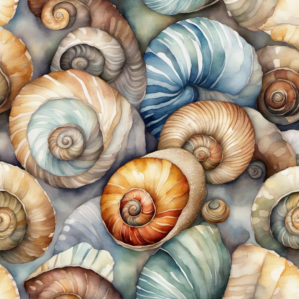 [Watercolor painting style, masterpiece] watercolor painting, pattern of snail shells, intricate shell patterns, muted colors