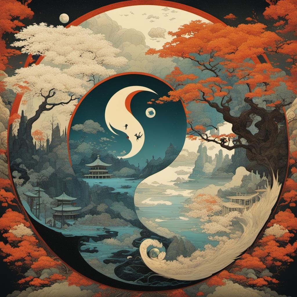 [Style of vintage illustration] By Alexander Jansson and Jean Baptiste Monge and Mark Brooks and Victo Ngai || fantasy YIN AND YANG yin yang sign symbol 2 sides, Earth exploding in fire and icy Earth in peace and BEAUTIFUL GEISHA!! double exposure, dual exposure, silhouette, photoshopped double exposure!! intricate, hyperdetailed, breathtaking