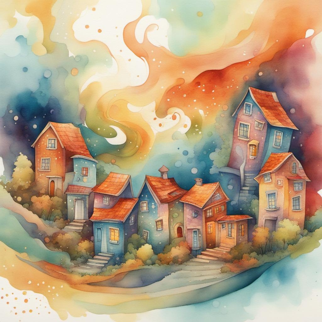 [Style of caricature illustration] Watercolor painting of twirling tilted houses with fluid strokes and soft washes of color, dreamlike atmosphere. The background is filled with swirling tiny-dotted patterns and abstract shapes. houses arranged in a swirling pattern. mood is magical and surreal