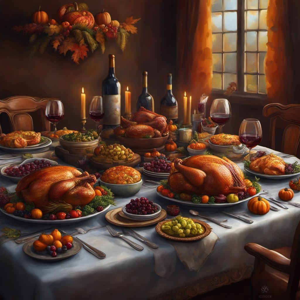 [Oil painting style, impasto, masterpiece] thanksgiving table, bottle of wine, glasses, pies, turkeys, detailed matte painting, deep color, fantastical, intricate detail, splash screen, complementary colors, fantasy concept art, 8k resolution trending on Artstation Unreal Engine 5