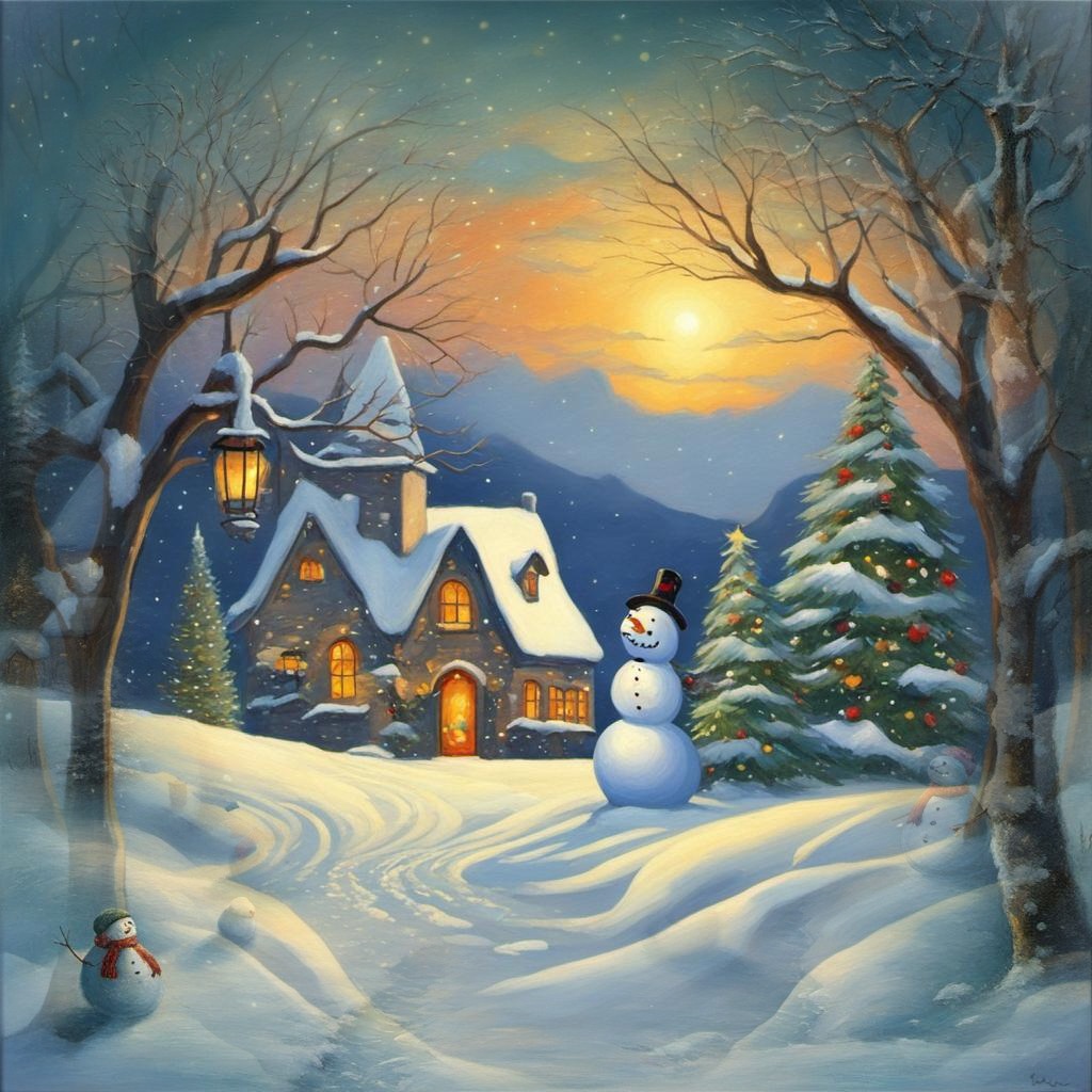 [Watercolor painting style, masterpiece] Winter scene with birds, a snowman, Christmas tree with lights,; [Painting, Art Nouveau] Winter scene with birds, a snowman, Christmas tree with lights,; [Painting, Art Nouveau] Winter scene with birds, a snowman, Christmas tree with lights,; [Painting, classical] Winter scene with birds, a snowman, Christmas tree with lights,; [Painting, classical] Winter scene, a snowman, Christmas tree with lights,; [Painting, by Johannes Vermeer] Winter scene, a snowman, Christmas tree with lights,; [Painting, by Claude Monet] Winter scene, a snowman, Christmas tree with lights,; [Painting, by da Vinci] Winter scene, a snowman, Christmas tree with lights,; [Painting, by da Vinci] Winter scene, a snowman, Christmas tree with lights,; [Painting, Art Nouveau] Winter scene, a snowman, Christmas tree with lights,