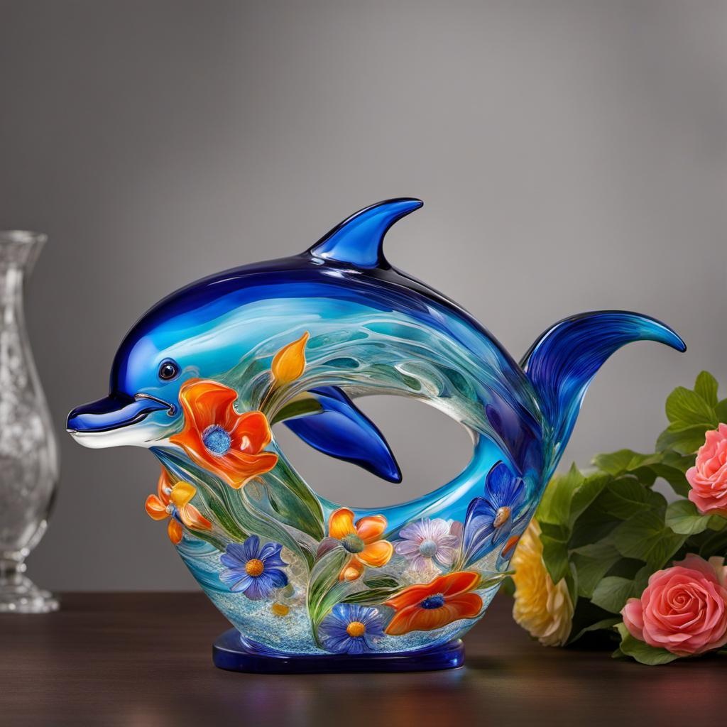 a vase in the shape of a dolphin with flowers, using beautiful vibrant Italian murano glass, art nouveau style,