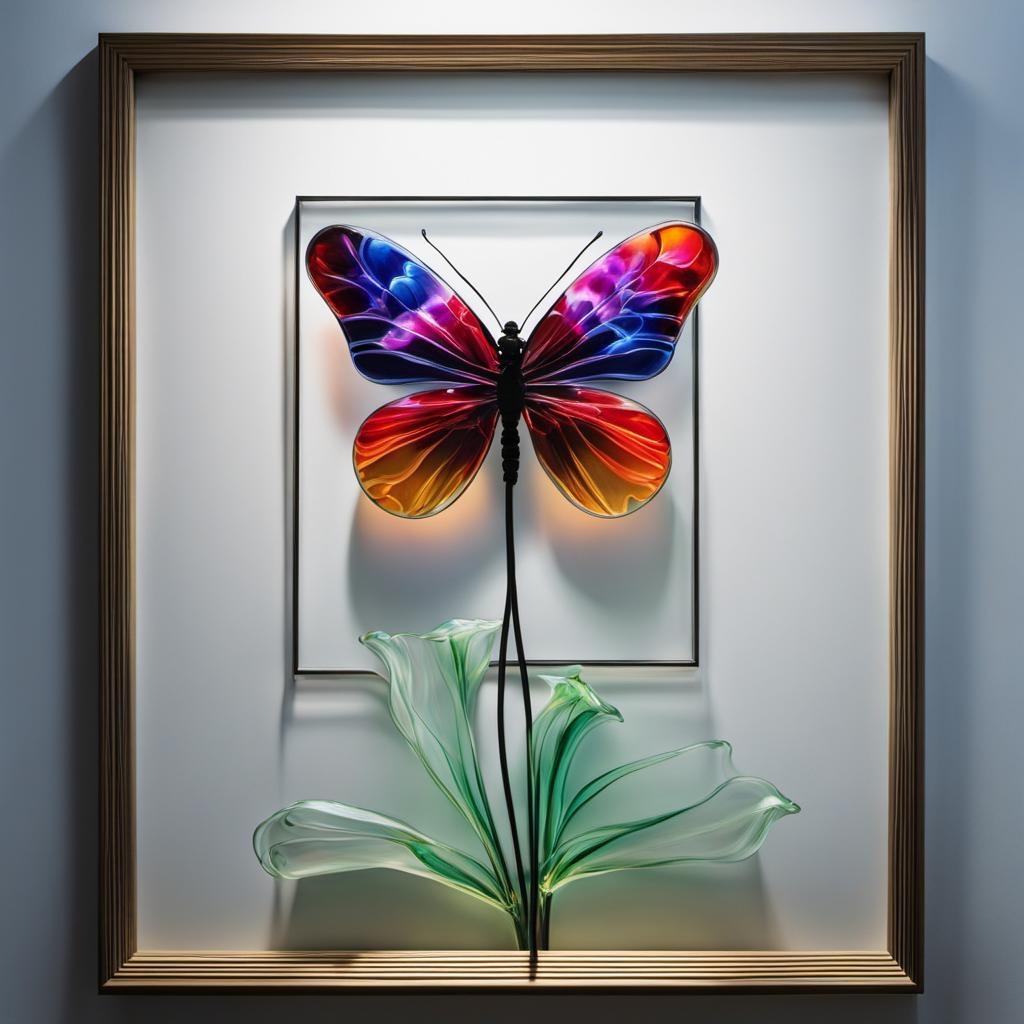 [Painting, minimalism] Kinetic light painting of a glass butterfly flowers