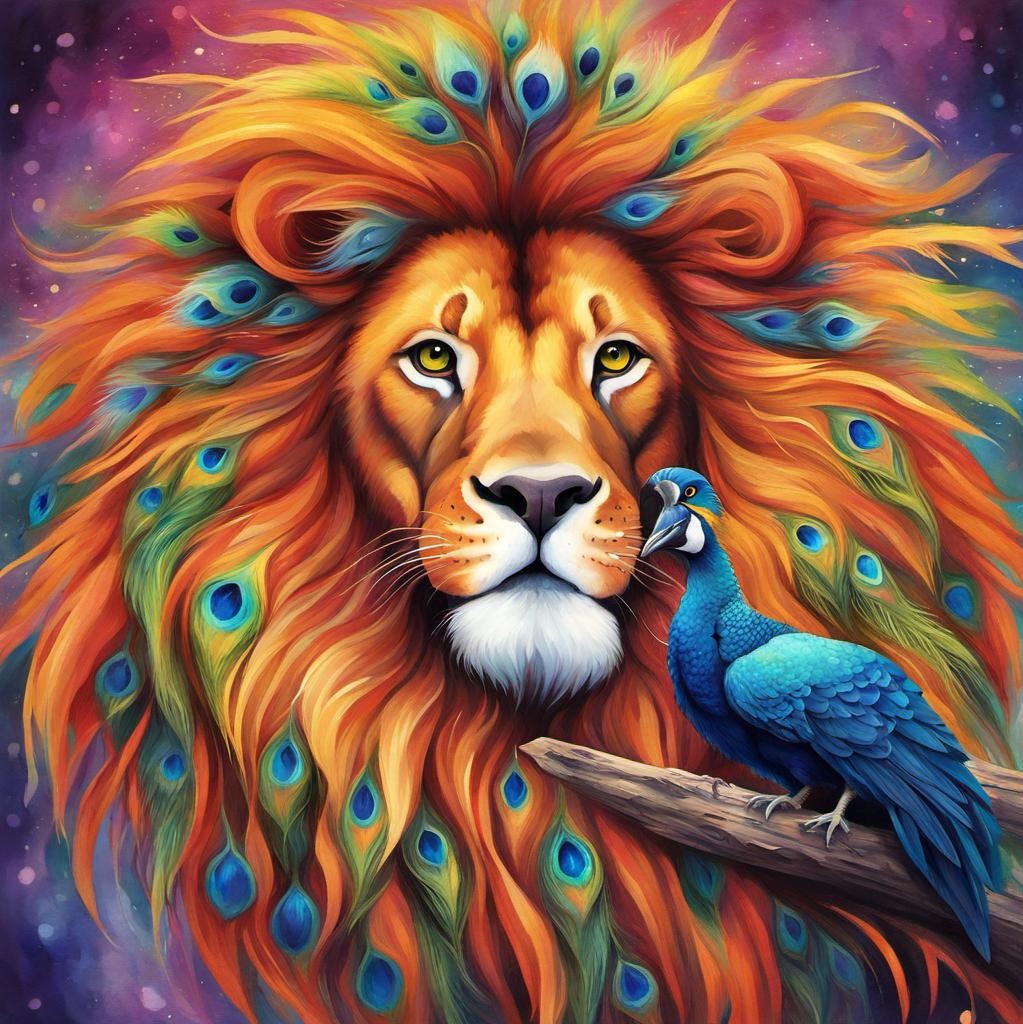 [Watercolor painting style, masterpiece] In a whimsical world of vibrant colors and fantastical creatures, an extraordinary digital pet bursts onto the scene. This captivating image, presented as a digital painting, showcases a unique and exotic creature, resembling a cross between a lion and a peacock. Its majestic mane is intricately patterned with iridescent feathers, gleaming with a rainbow of colors. The creature's body is adorned with kaleidoscopic scales, shimmering under the vibrant sunlight. Its expressive eyes are almond-shaped and enchantingly golden, drawing viewers into the pet's mischievous personality. This high-quality image beautifully captures the creature's playful spirit, inviting spectators to immerse themselves in this fascinating animated realm; [Watercolor painting style, masterpiece] In a whimsical world of vibrant colors and fantastical creatures, an extraordinary digital pet bursts onto the scene. This captivating image, presented as a digital painting, showcases a unique and exotic creature, resembling a cross between a lion and a peacock. Its majestic mane is intricately patterned with iridescent feathers, gleaming with a rainbow of colors. The creature's body is adorned with kaleidoscopic scales, shimmering under the vibrant sunlight. Its expressive eyes are almond-shaped and enchantingly golden, drawing viewers into the pet's mischievous personality. This high-quality image beautifully captures the creature's playful spirit, inviting spectators to immerse themselves in this fascinating animated realm