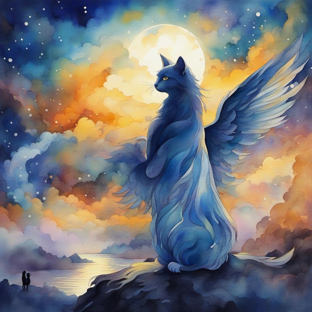 [Watercolor painting style, masterpiece] angel and kitten in a stormy night, in the style of psychedelic dreamscape, light amber and indigo, nightcore, enchanting, abstract cats, wiccan, mural painting