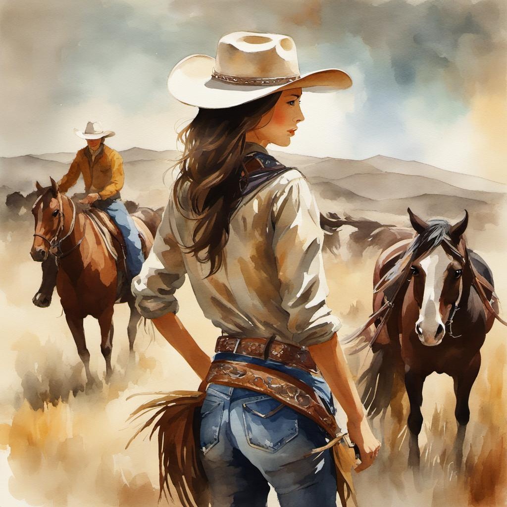 [Watercolor painting style, masterpiece] Cowgirl, western clothes, cowboy hat,; [Watercolor painting style, masterpiece] Cowgirl, western clothes, cowboy hat,