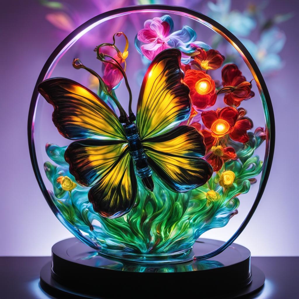 [vibrant liquid plasma] Kinetic light painting of a glass butterfly flowers