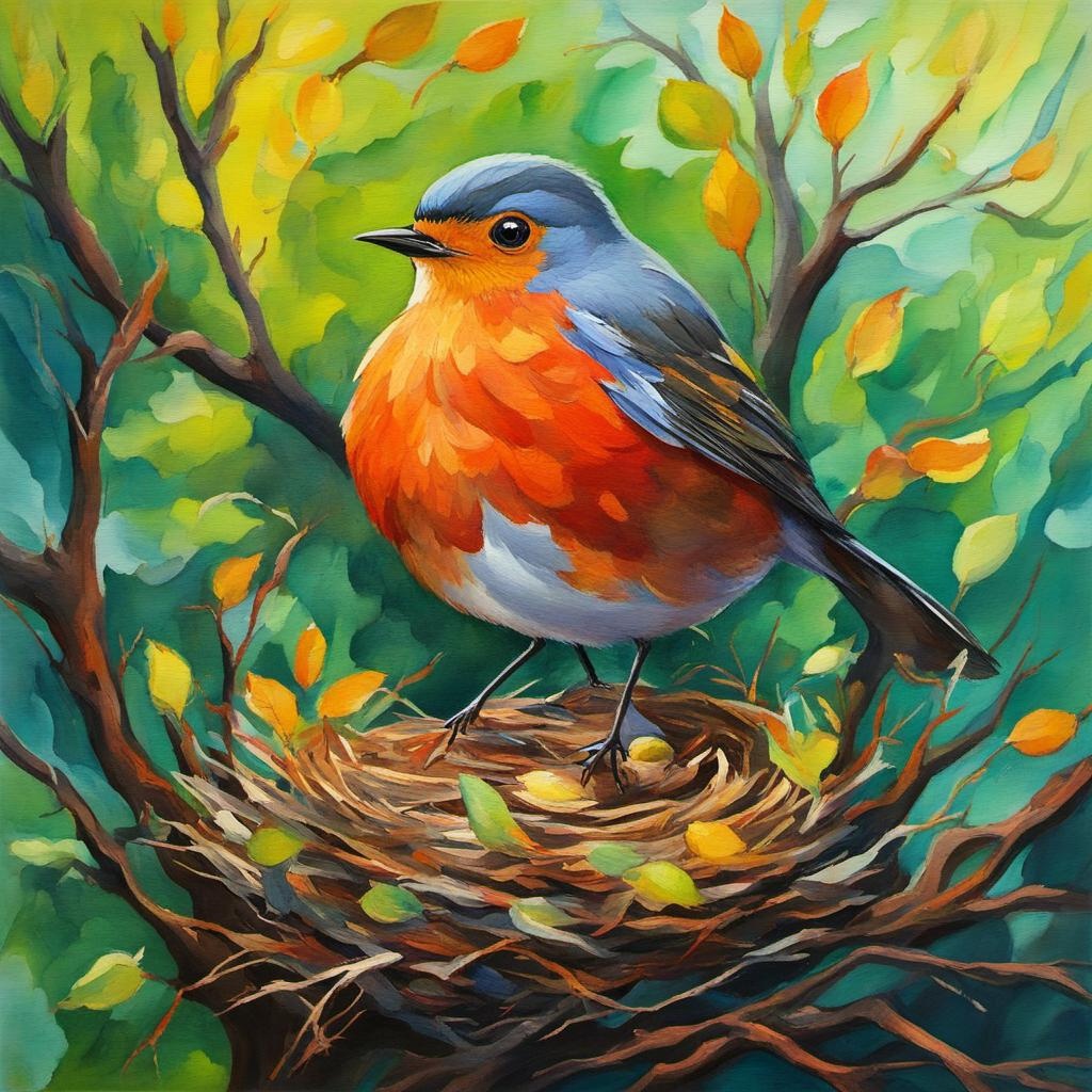 [vibrant liquid plasma] A tree that may in summer wear 
A nest of robins in its hair in Gouache Style, Watercolor, Museum Epic Impressionist Maximalist Masterpiece, Thick Brush Strokes, Impasto Gouache, thick layers of gouache watercolors textured on Canvas, 8k Resolution, Matte Painting