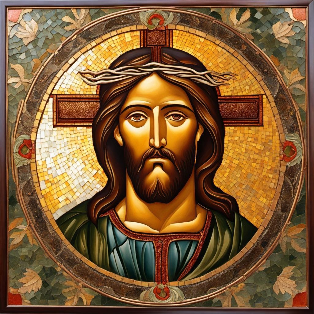 [Painting, Art Nouveau] fumage on copper, copper leaf background, Byzantine mosaic art.; [Painting, Art Nouveau] Jesus, fumage on copper, copper leaf background, Byzantine mosaic art.