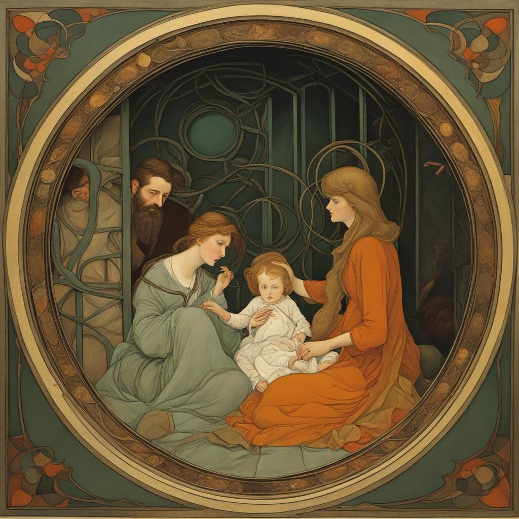 [Painting, Art Nouveau] a family of three enclosed in a safe, warm, circular enclosed space with a larger circle around their safe place which is broken, stormy, war torn, fearful and tumultuous