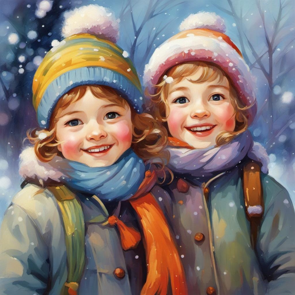 [Painting, Art Nouveau] closeup of happy children in winter clothes, winter scene background, colorful,