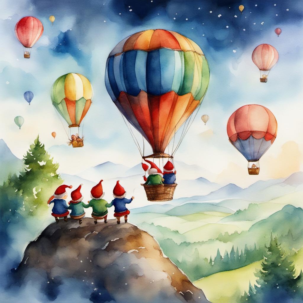 [Watercolor painting style, masterpiece] a colorful illustration of 4 Santa's Elves sitting in a hot air balloon, high up in the sky, landscape below, childlike doodling