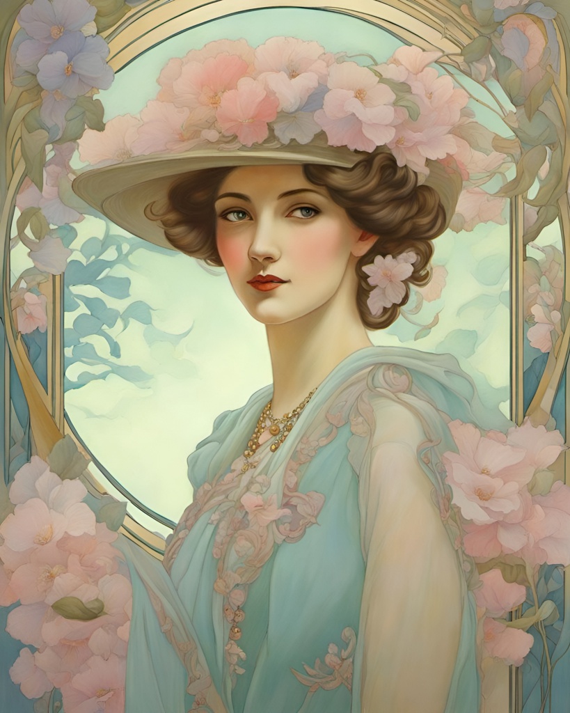 [Painting, Art Nouveau] Beautiful women, Art Nouveau Floral Elegance; [Painting, Art Nouveau] Beautiful women, Art Nouveau Floral Elegance; [Painting, Art Nouveau] Beautiful woman, Art Nouveau Floral Elegance, pastel colors