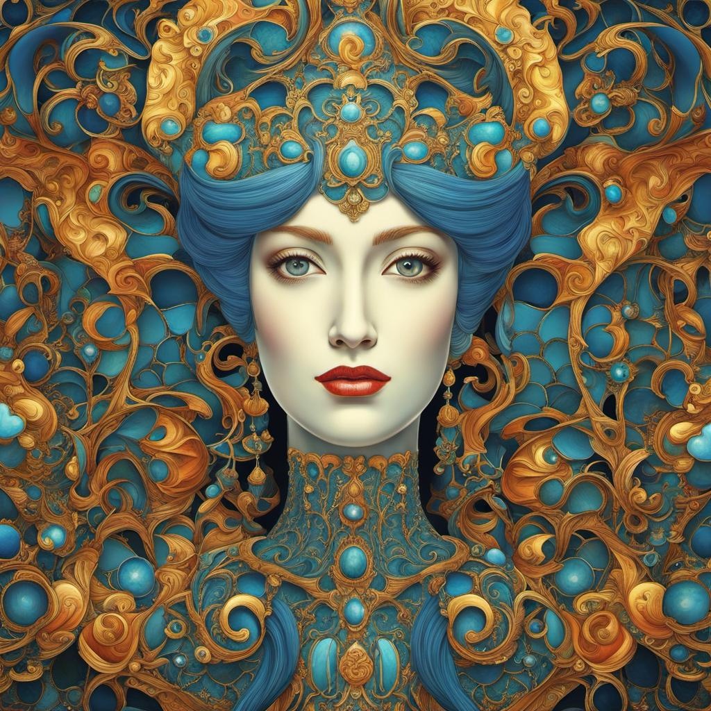 [Painting, classical] Crazy Candelabras, Art Nouveau, 1890 Cloisonne, Porcelain and Mosaic, retro woman's face abstract vector fractal, wave function, Zentangle, 3d shading