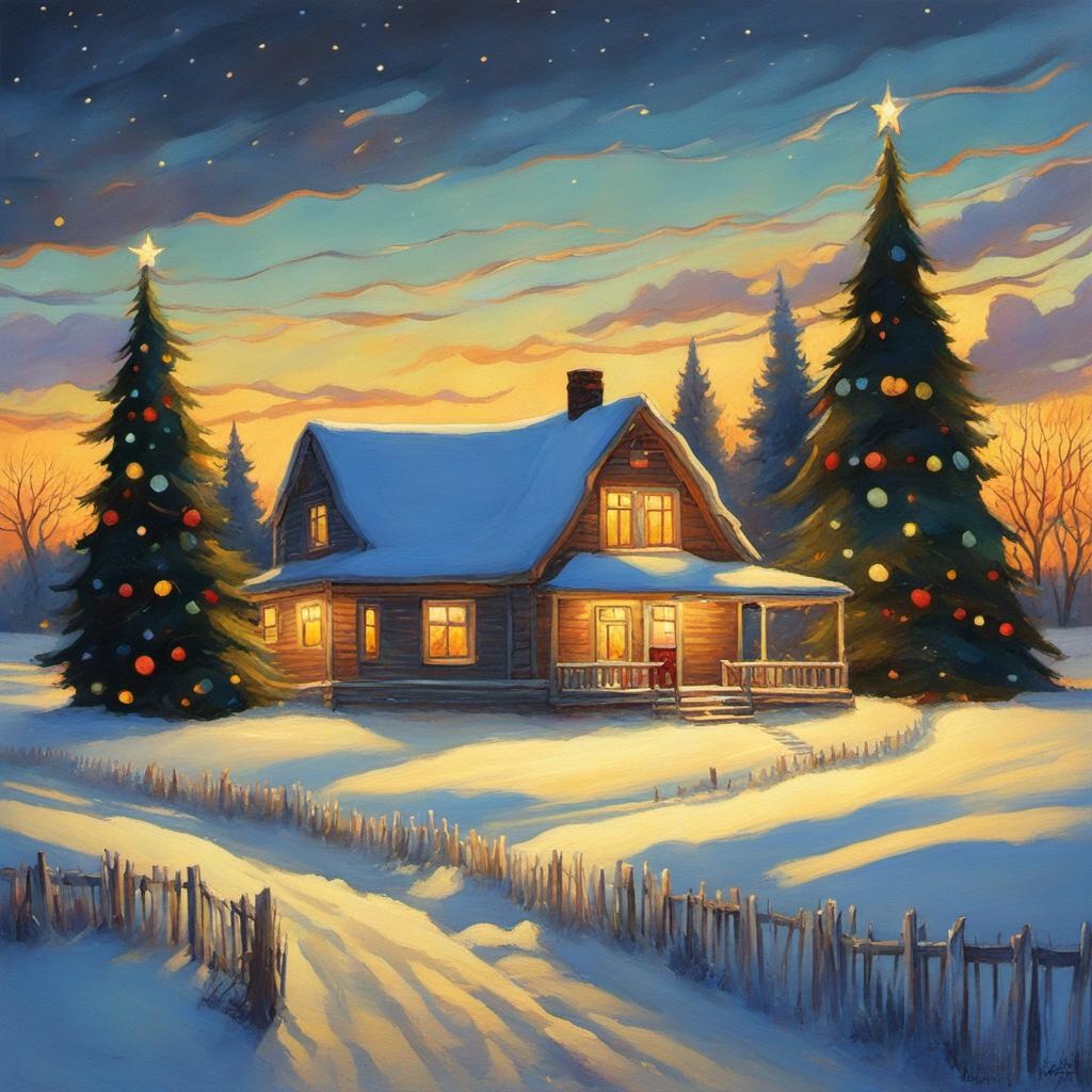 [Painting, Art Nouveau] Edward Hopper Farm, Sad, isolated, Kansas, Plains, Lonely, intricate details, Christmas; [Photography, raw, movie shot] Farmhouse, prairie, Christmas tree, charismas lights; [Painting, Art Nouveau] Farmhouse, prairie, Christmas tree, charismas lights