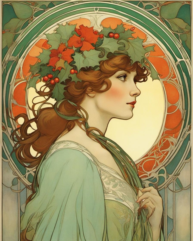 [Painting, Art Nouveau] Christmas as a lady, art nouveau style by Alfonse Mucha; [Painting, Art Nouveau] Christmas as a lady, art nouveau style by Alfonse Mucha