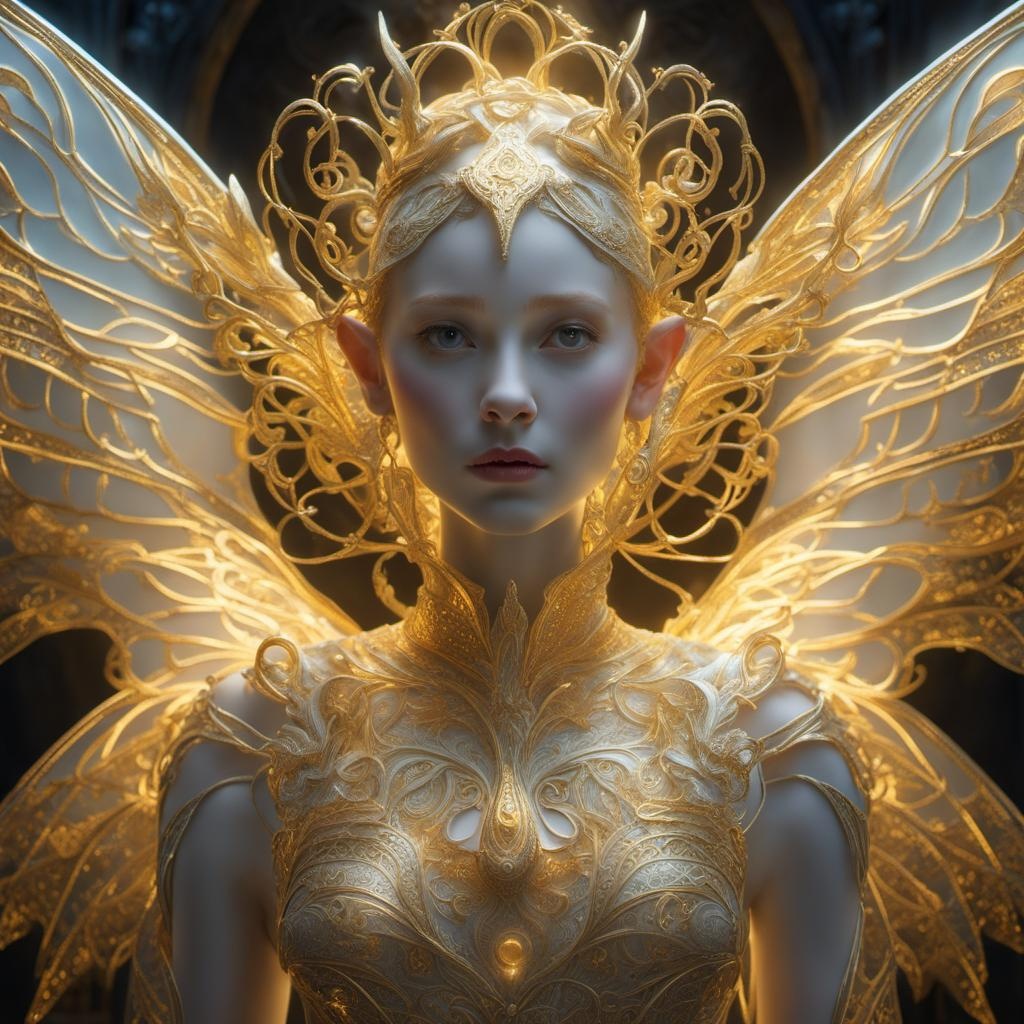 [Style of movie poster] Intricate detailed surreal art whimsical porcelain elf-fairy with gold filigree radiant glowing wings, octane rendering, 8K, chiaroscuro, masterpiece, golden ratio, breath-taking details, sharp focus.