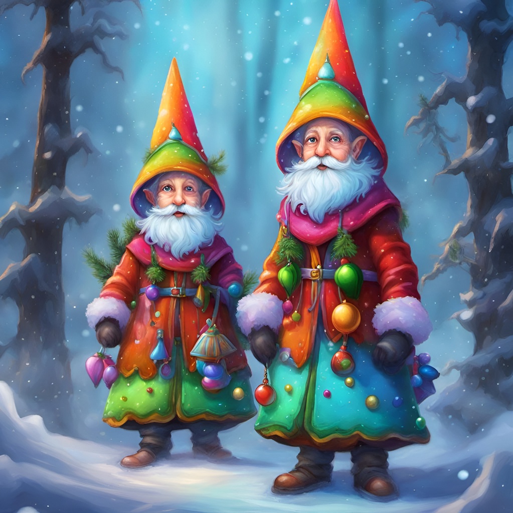 [vibrant liquid plasma] colorful conehead elves, winter scene background, Carla Gannis style