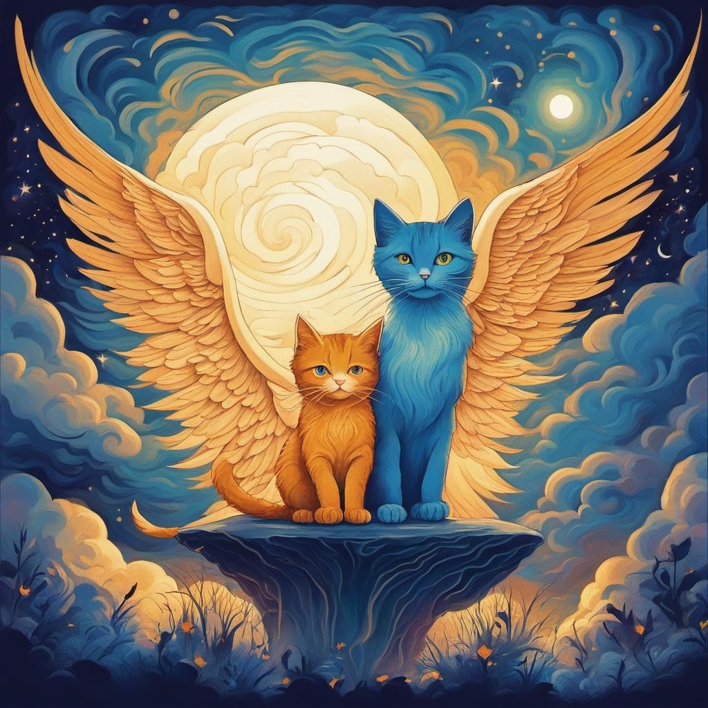 [Style of vintage illustration] angel and kitten in a stormy night, in the style of psychedelic dreamscape, light amber and indigo, nightcore, enchanting, abstract cats, wiccan, mural painting