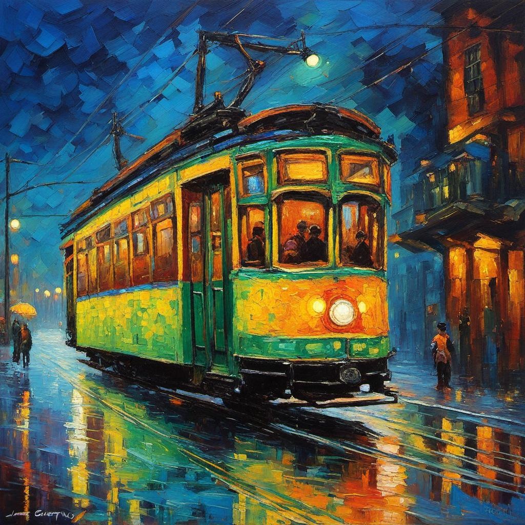 [Oil painting style, impasto, masterpiece] holographic tram at night oil acrylic ink vivid colors oil painting by James Gurney neo-impressionism expressionist style oil painting, smooth post-impressionist impasto acrylic painting, thick layers of colorful textured paint