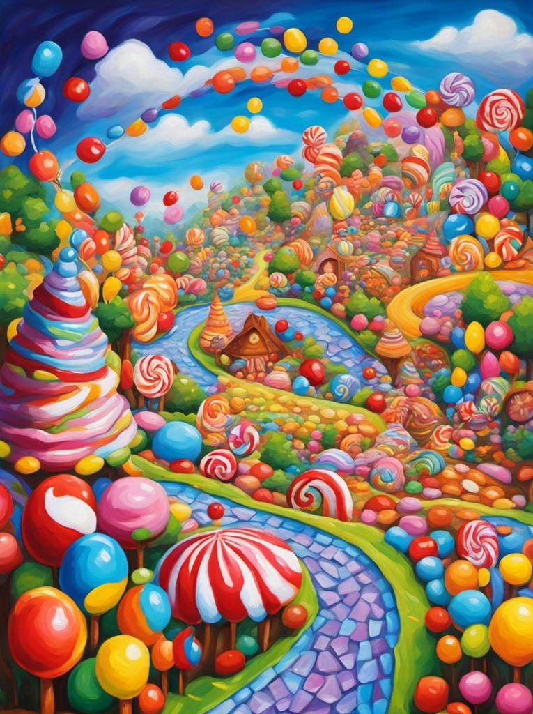 [Watercolor painting style, masterpiece] Candyland board game in real life Candy art style! Whimsical playful colorful!; [Oil painting style, impasto, masterpiece] Candyland board game in real life Candy art style! Whimsical playful colorful!; [Oil painting style, impasto, masterpiece] Candyland board game in real life, Whimsical playful colorful!