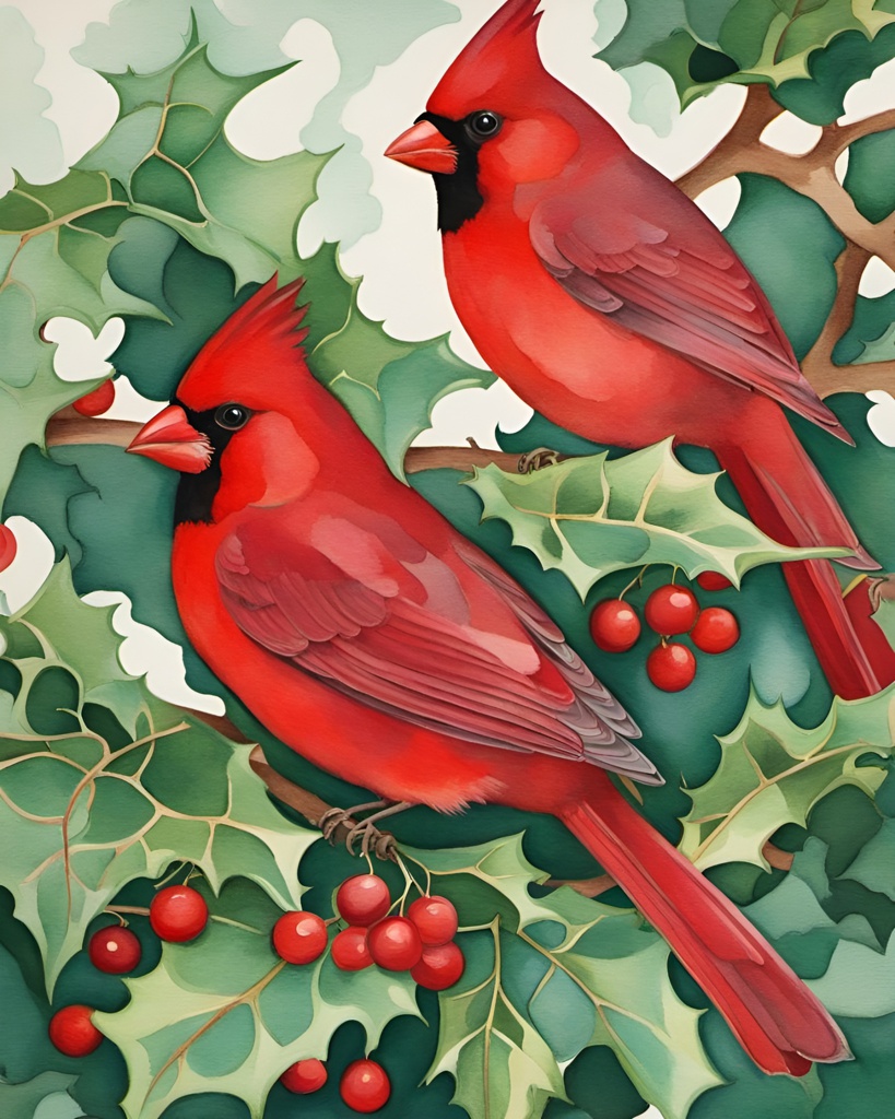 [Painting, Art Nouveau] watercolor painting of red cardinals on holly branches, emerald crimson, Nicole Eisenman style; [Painting, Art Nouveau] watercolor painting of red cardinals on holly branches, emerald crimson, Nicole Eisenman style