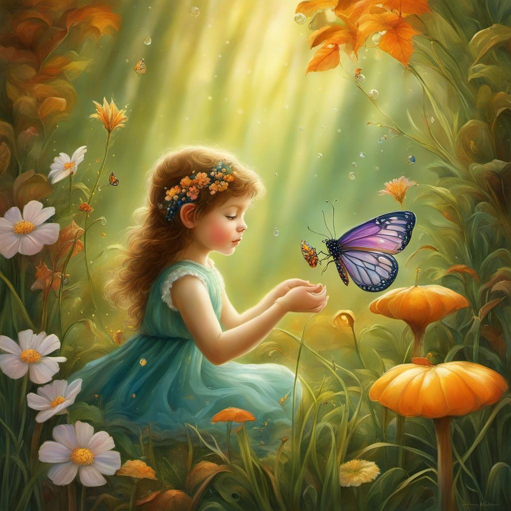 [Painting, Art Nouveau] a whimsical and endearing scene comes to life. At the center, a captivating macro photograph captures the heartwarming sight of a tiny, adorable fairy joyously playing with a butterfly . The vibrant grass, adorned with dew drops, creates a picturesque backdrop that exudes the essence of fall. Rich and warm lights illuminate the scene, casting a magical aura over the tiny creatures and their surroundings. With meticulous attention to detail, this high-quality photograph is a visual treat that radiates charm, inviting viewers to immerse themselves in its delightful atmosphere. Surrealist art