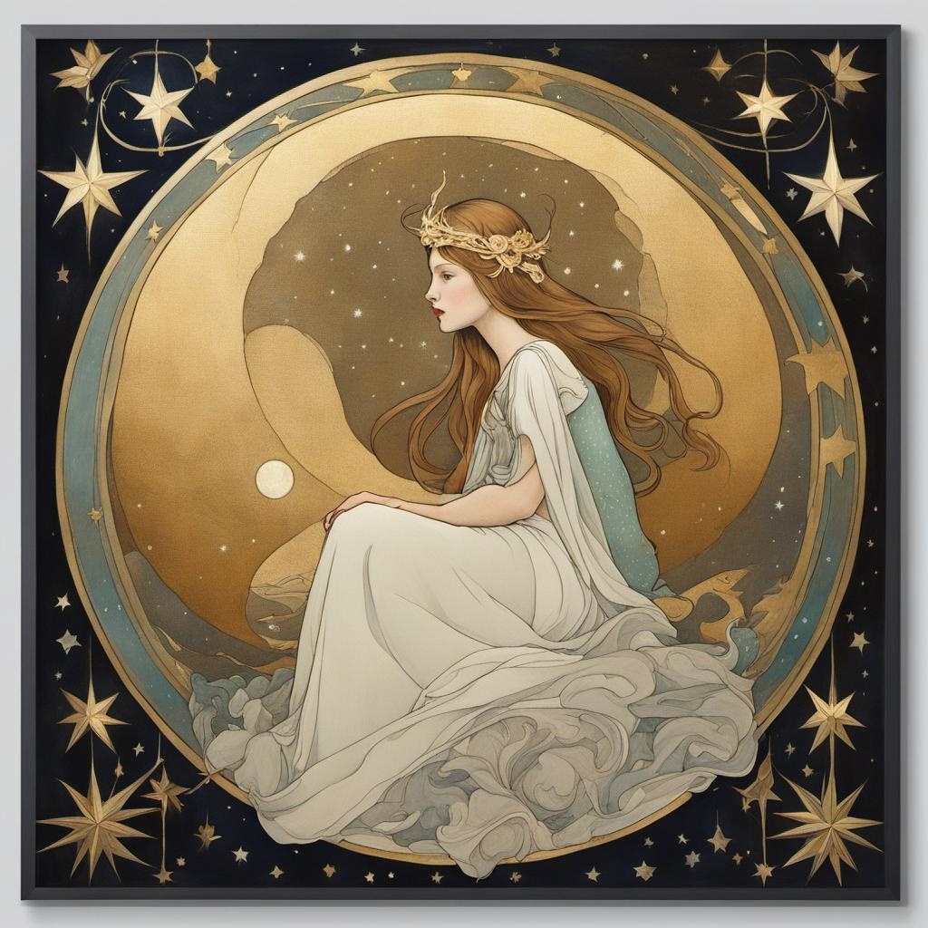 [Painting, Art Nouveau] woman sitting on the moon, holding a Christmas Star, with a golden halo around her head. The piece is inspired by various artists including Mucha, Catrin Welz-Stein, Lois van Baarle, Bouguereau, Jean-Sebastien Rossbach, Magdalena Radziej, Michael Hoppen, Lisa Kristine, and Lori Earley, and has art nouveau style; [Painting, Art Nouveau] woman sitting on the moon, holding a Christmas Star, with a golden halo around her head. The piece is inspired by various artists including Mucha, Catrin Welz-Stein, Lois van Baarle, Bouguereau, Jean-Sebastien Rossbach, Magdalena Radziej, Michael Hoppen, Lisa Kristine, and Lori Earley, and has art nouveau style