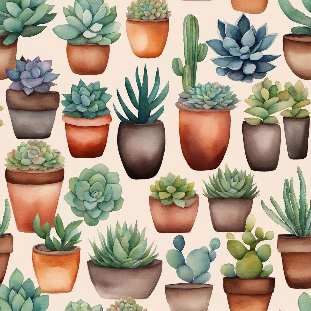 [Watercolor painting style, masterpiece] various succulents in clay pots, earthy palette organic shapes, nature-based patterns, grocery art, minimalist strokes, colorful shapes