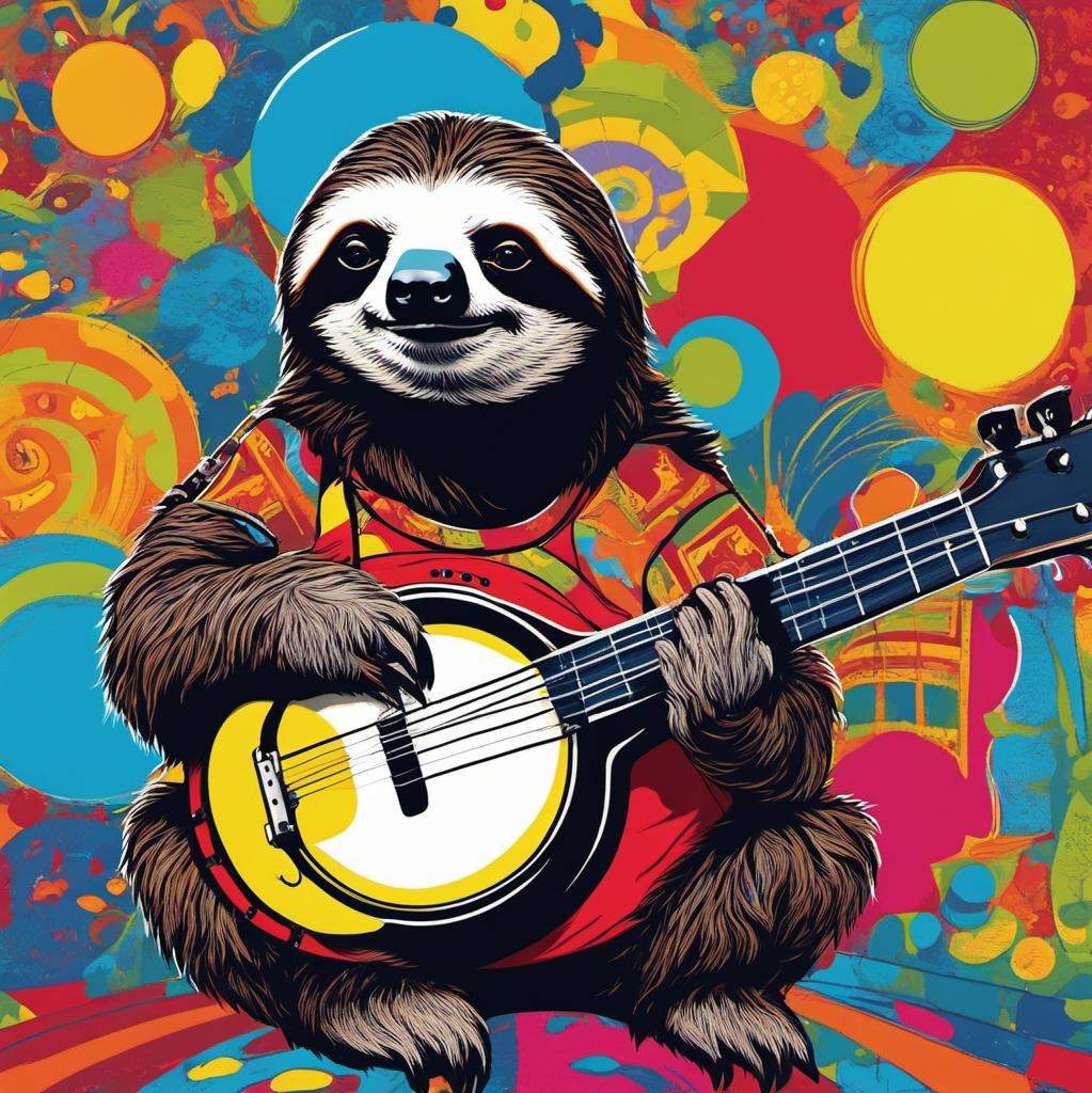 [Watercolor painting style, masterpiece] (Pop Art)-Punk (Sloth) playing (Banjo), a lazy but melodic performance; a psychedelic pop art background with vibrant patterns and bold colors; inspired by Andy Warhol, Roy Lichtenstein; Pop Sloth, a whimsical and laid-back aesthetic; a playful and colorful scene with a high level of detail; in a resolution reminiscent of comic book art, featuring a lively palette of primary colors and bold contrasts.; [vibrant liquid plasma] (Pop Art)-Punk (Sloth) playing (Banjo), a lazy but melodic performance; a psychedelic pop art background with vibrant patterns and bold colors; inspired by Andy Warhol, Roy Lichtenstein; Pop Sloth, a whimsical and laid-back aesthetic; a playful and colorful scene with a high level of detail; in a resolution reminiscent of comic book art, featuring a lively palette of primary colors and bold contrasts.