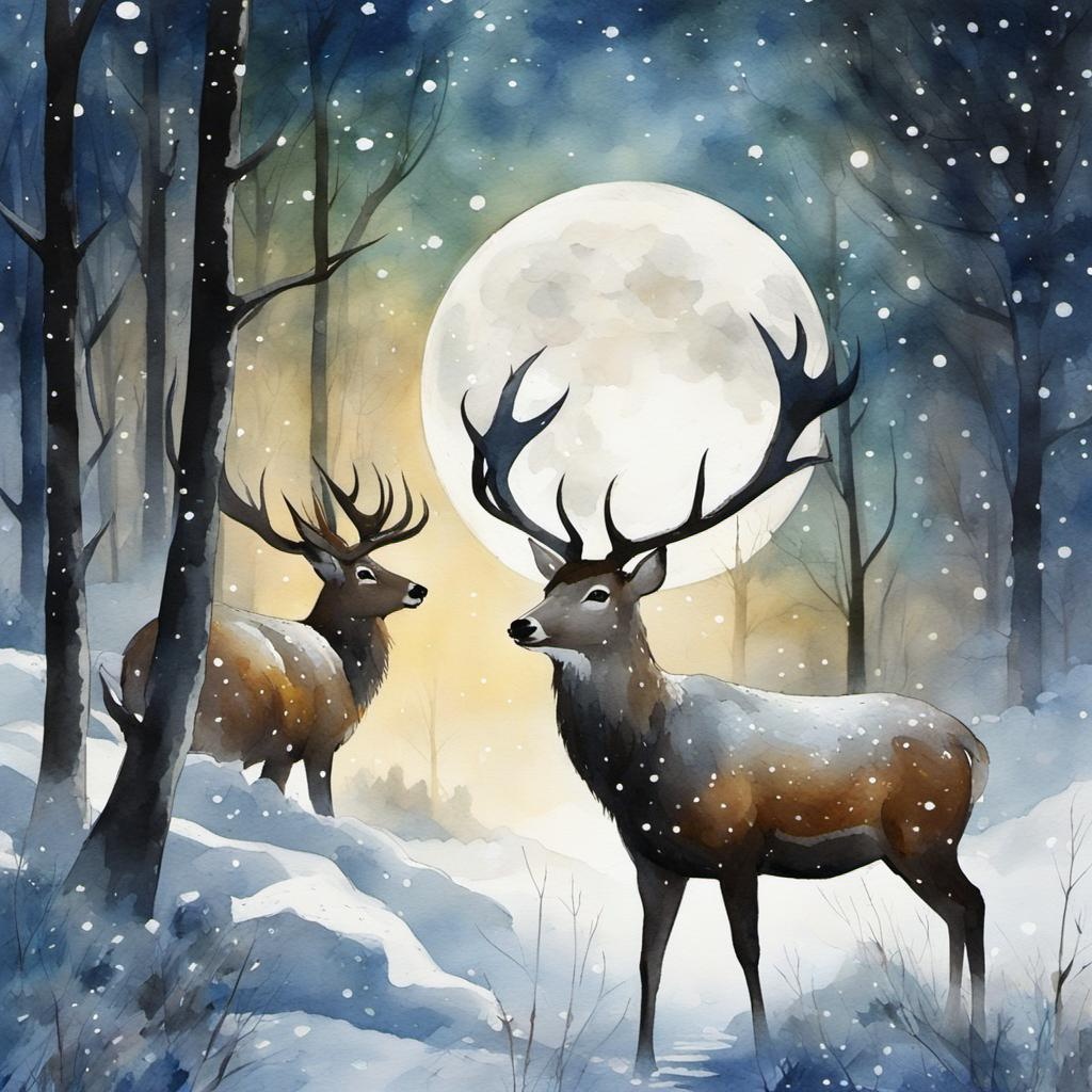 [Watercolor painting style, masterpiece] Snow falling in the forest, deer, rabbits, full moon, water, stars